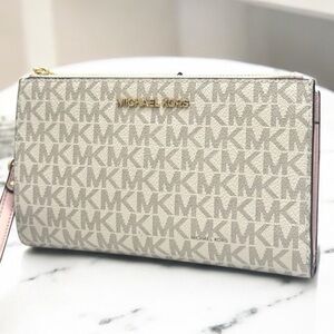 Michael Kors Large Jet Set Travel Double Zip Wallet Powder Blush Multi